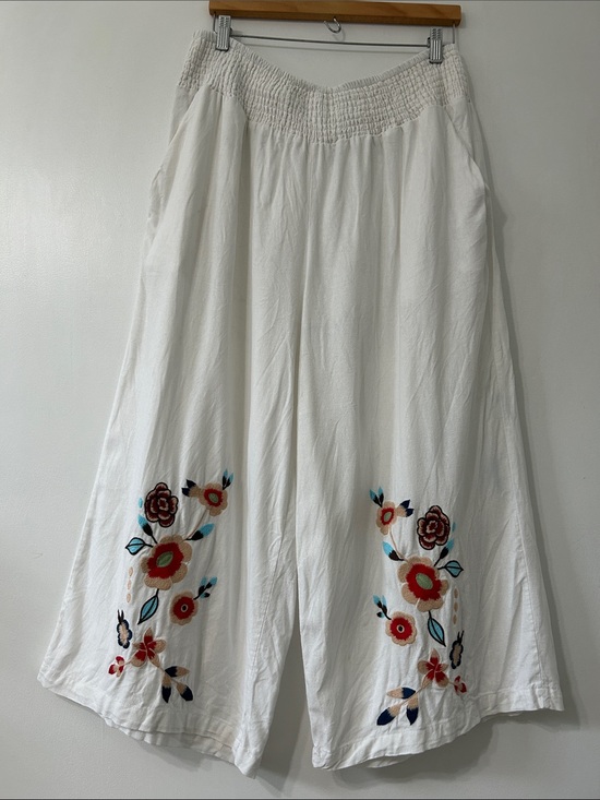 Cynthia Rowley Pants - Cynthia Rowley Pants Linen 2X White Wide Leg Elastic Waist Floral Embroidered